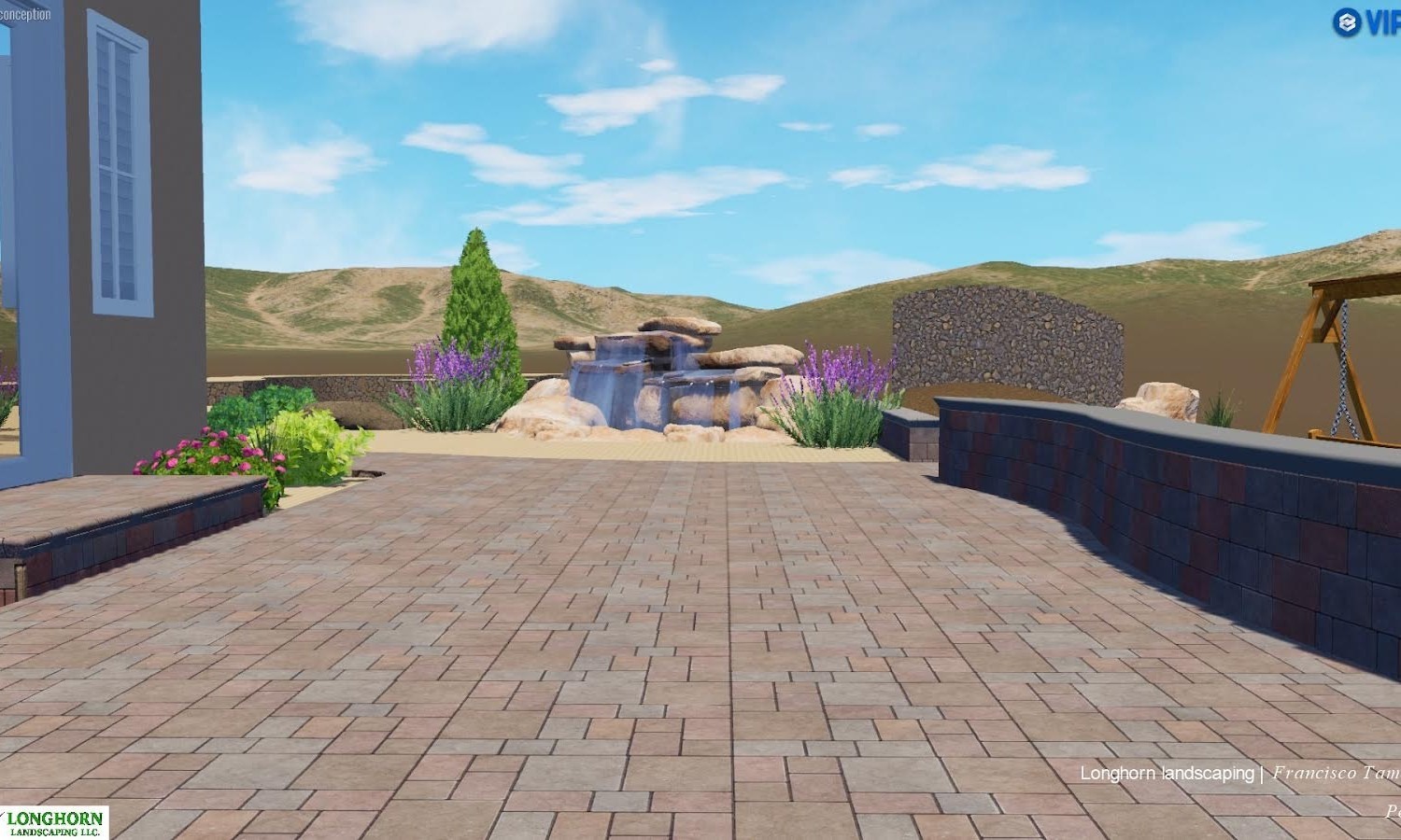 Rendered landscape design plan for a Reno backyard with pavers and planting